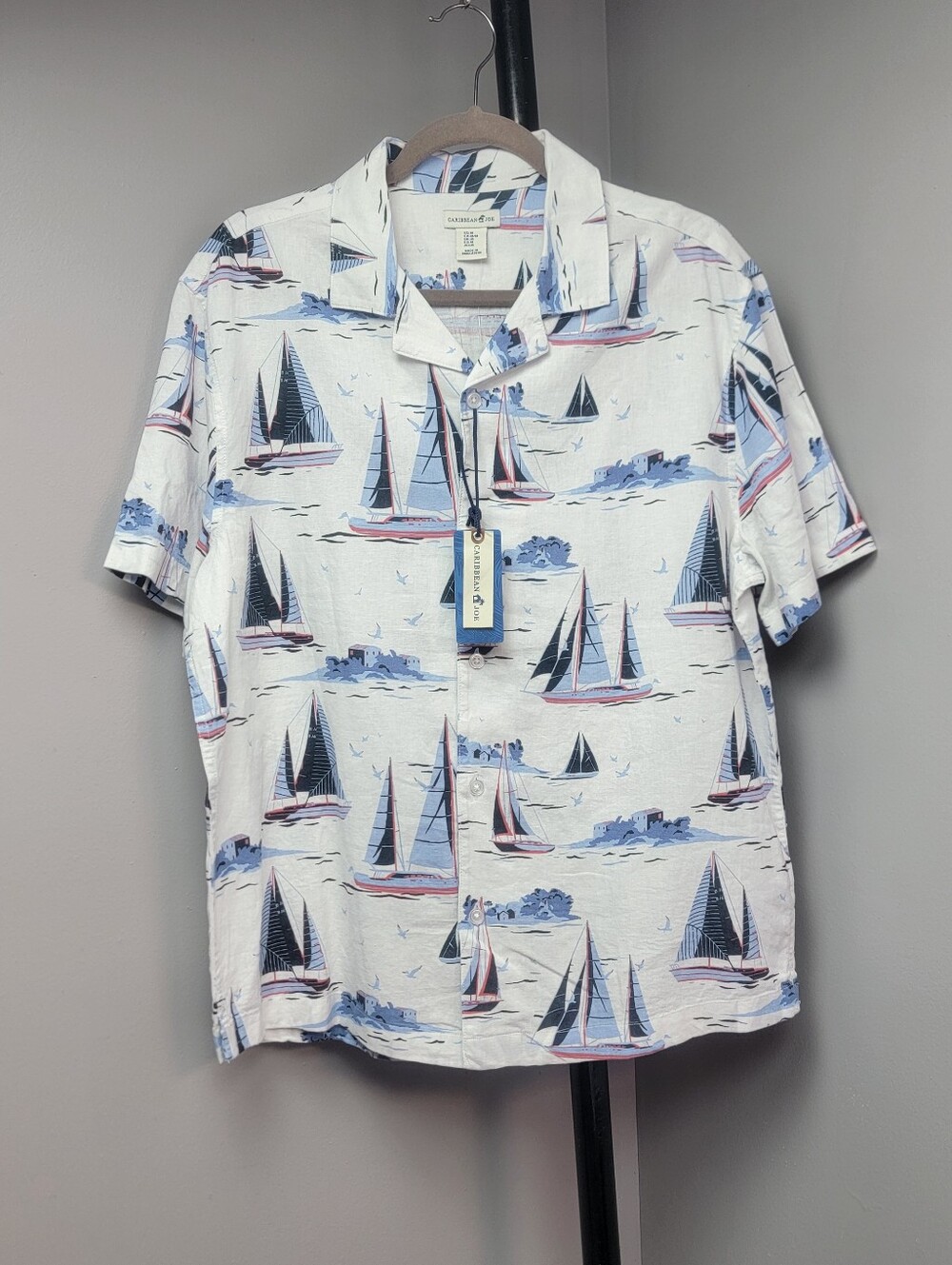 Caribbean Joe Mens M White Short-Sleeve Sailboat Print Dqrk Light Blue Shirt Top
